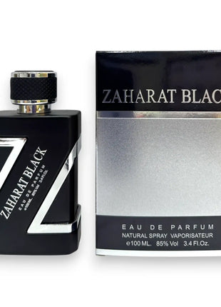 Zaharat Black Silver Eau De Parfum 100ml bottle alongside its elegant packaging