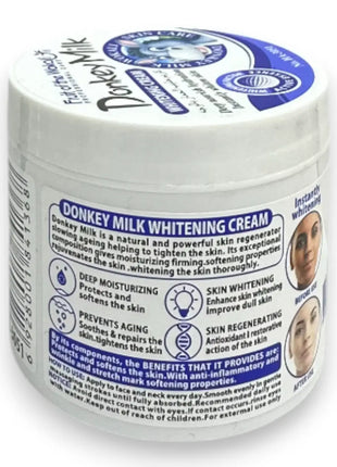 Donkey Milk Whitening Cream 115g jar, infused with donkey milk for skin whitening, moisturizing, and rejuvenating benefits.