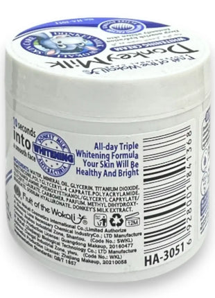Donkey Milk Whitening Cream 115g blue jar showing all-day triple whitening formula for healthy and bright skin.