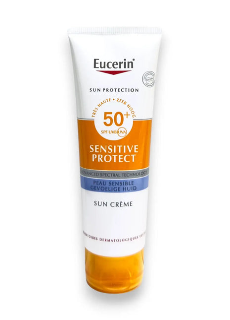 Eucerin Sensitive Protect Sun Cream SPF50 Plus 50ml tube with sun protection features and ingredients.