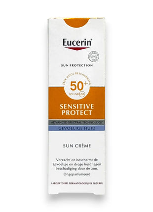 Eucerin Sensitive Protect Sun Cream SPF50 Plus 50ml packaging design with sun protection features