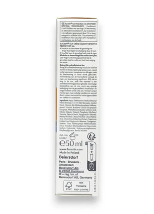 Eucerin Sensitive Protect Sun Cream SPF50 Plus 50ml product packaging back view with ingredient details.
