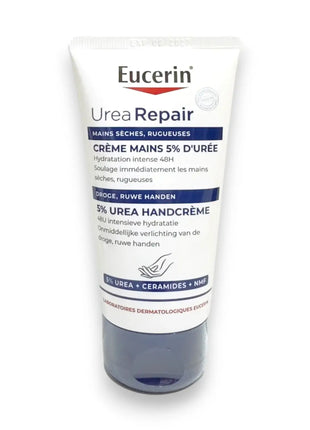 Eucerin Urea Repair Hand Cream 5 Percent Urea 75ml tube with moisturizing formula for dry hands.