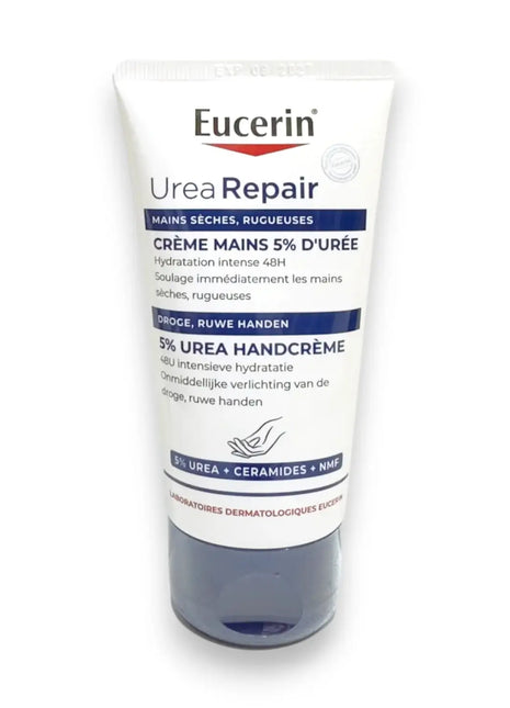 Eucerin Urea Repair Hand Cream 5 Percent Urea 75ml tube with moisturizing formula for dry hands.