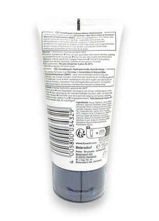 Eucerin Urea Repair Hand Cream 5 Percent Urea 75ml back packaging, ingredients, and usage instructions.