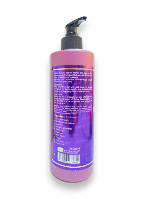Perlay Beauty Lotion for Face and Body Care 550ml bottle with pump, designed for daily skincare nourishment.