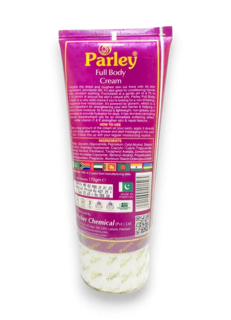 Parley Full Body Cream for Daily Skin Care 170g tube, packaging and ingredient details visible.