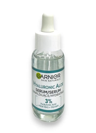 Garnier Hyaluronic Aloe Hydrating Serum 30ml bottle with dropper for deep hydration and softness.
