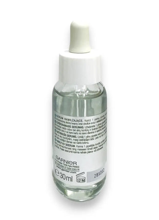 Garnier Hyaluronic Aloe Hydrating Serum 30ml bottle with dropper for deep hydration and softness.