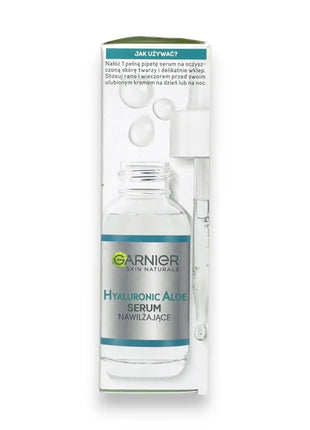 Garnier Hyaluronic Aloe Hydrating Serum 30ml in packaging with dropper for deep hydration and smooth skin texture.