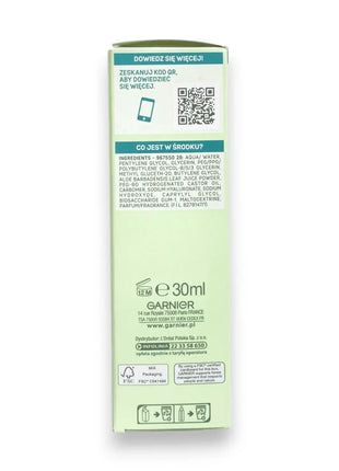 Garnier Hyaluronic Aloe Hydrating Serum 30ml packaging showing ingredients and usage instructions.