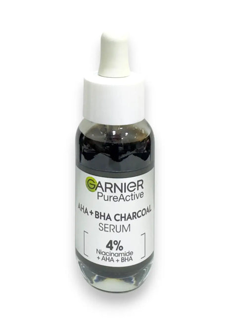 Garnier Pure Active AHA BHA Charcoal Face Serum 30ml bottle with dropper and black serum inside
