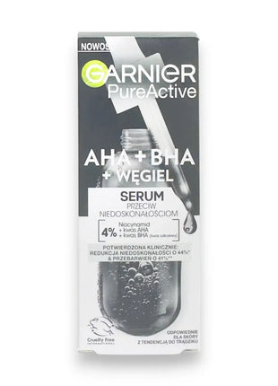 Garnier Pure Active AHA BHA Charcoal Face Serum 30ml packaging highlighting its key ingredients.