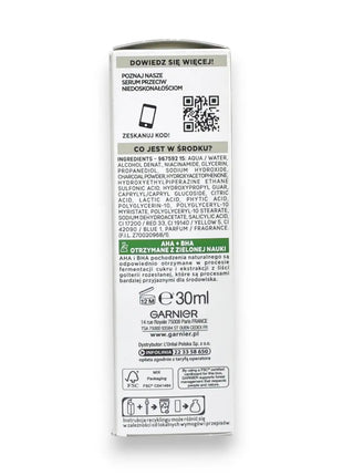 Garnier Pure Active AHA BHA Charcoal Face Serum 30ml product packaging showing ingredients and usage instructions.