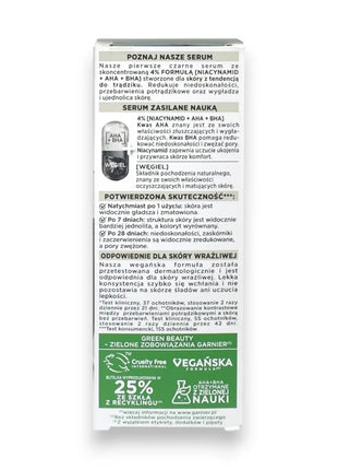 Garnier Pure Active AHA BHA Charcoal Face Serum 30ml packaging back view with ingredient information.