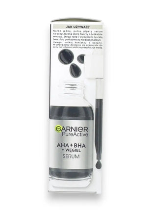 Garnier Pure Active AHA BHA Charcoal Face Serum 30ml packaging with dropper for application.