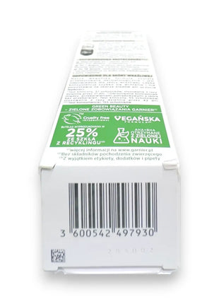 Garnier Pure Active AHA BHA Charcoal Face Serum 30ml packaging side view with vegan label and recycling details.