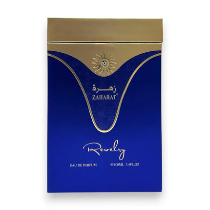 Zaharat Revelry Eau de Parfum 100ml packaging with elegant blue and gold design.