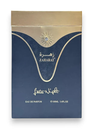 Zaharat Late Night Eau de Parfum 100ml packaging elegance, featuring an intricate design and luxurious gold accents.