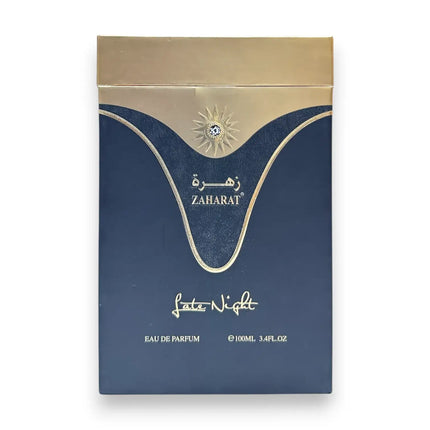 Zaharat Late Night Eau de Parfum 100ml packaging elegance, featuring an intricate design and luxurious gold accents.
