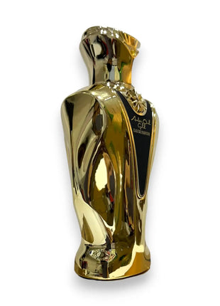 Zaharat Amber Oud Gold Eau de Parfum 100ml bottle with a shiny gold design showcasing luxury and elegance.