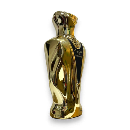 Zaharat Amber Oud Gold Eau de Parfum 100ml bottle with a shiny gold design showcasing luxury and elegance.