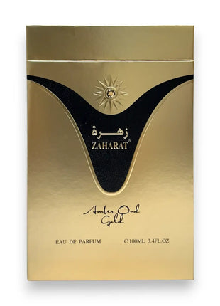 Zaharat Amber Oud Gold Eau de Parfum 100ml luxurious gold packaging with elegant design and branding.