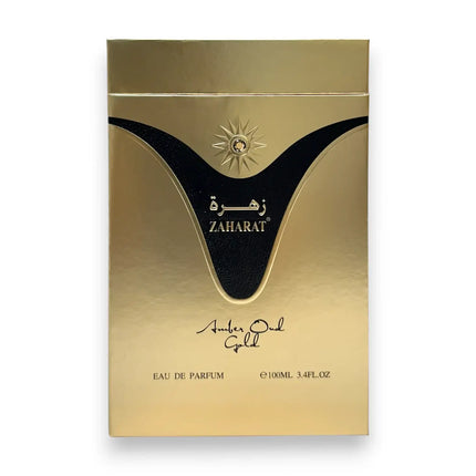 Zaharat Amber Oud Gold Eau de Parfum 100ml luxurious gold packaging with elegant design and branding.