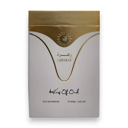 Zaharat King Of Oud Eau de Parfum 100ml packaging with gold accents and elegant design.