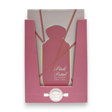Zaharat Pink Petal Eau de Parfum 100ml packaging featuring a sleek pink bottle design.