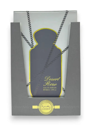Zaharat Desert Rose Eau de Parfum 100ml packaging featuring elegant design and bold colors.