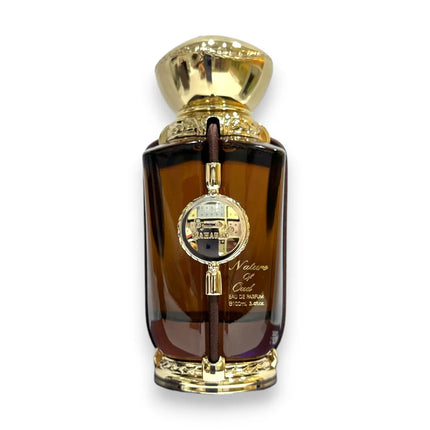 Zaharat Nature Of Oud Eau de Parfum 100ml bottle with ornate gold cap and detailed label.