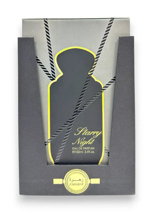 Zaharat Starry Night Eau de Parfum 100ml bottle packaging with elegant design and branding.