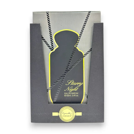 Zaharat Starry Night Eau de Parfum 100ml bottle packaging with elegant design and branding.