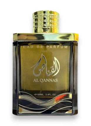 Al Qannas Black Eau de Parfum 100ml in an elegant bottle with gold accents and intricate design.