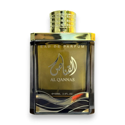 Al Qannas Black Eau de Parfum 100ml in an elegant bottle with gold accents and intricate design.
