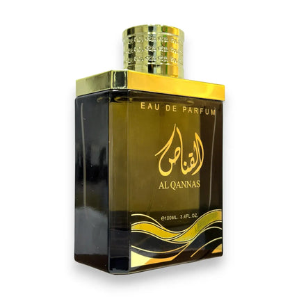 Al Qannas Black Eau de Parfum 100ml bottle featuring elegant design and luxurious golden accents.