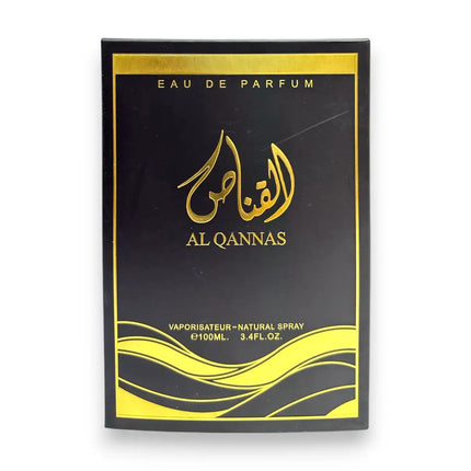 Al Qannas Black Eau de Parfum 100ml packaging featuring bold gold and black design with Arabic script.