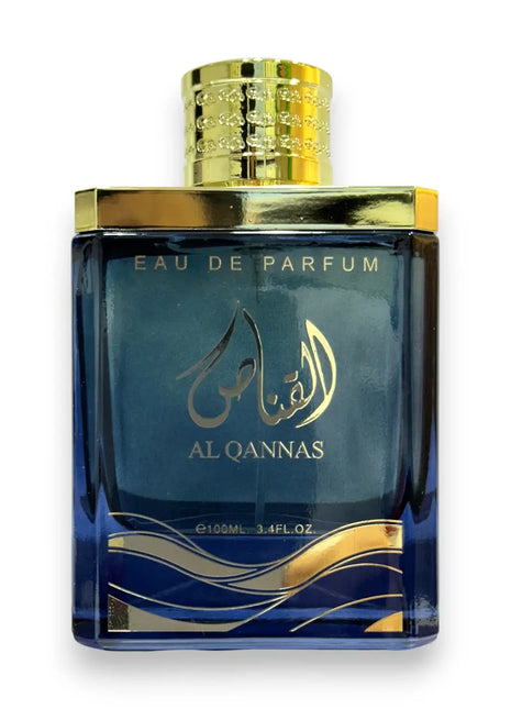 Al Qannas Blue Eau de Parfum 100ml bottle with elegant design and golden accents