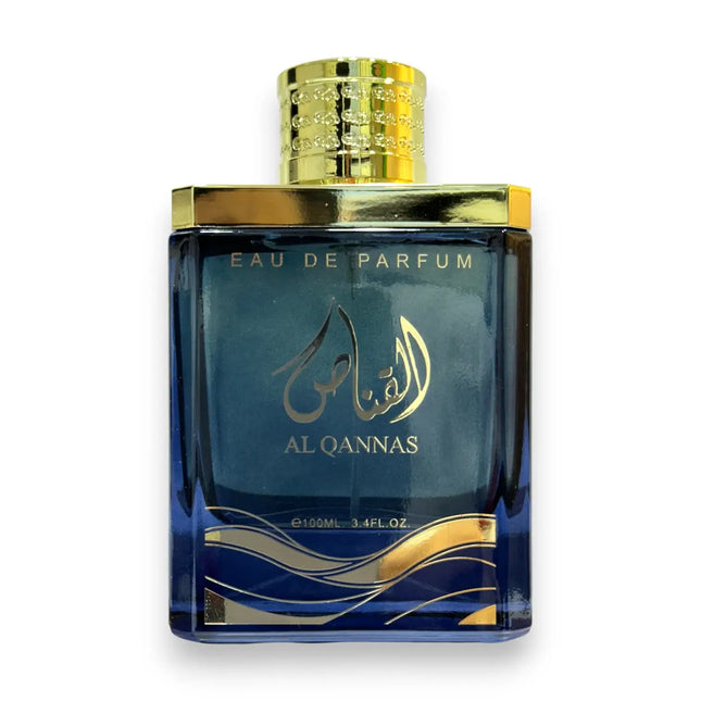 Al Qannas Blue Eau de Parfum 100ml bottle with elegant design and golden accents