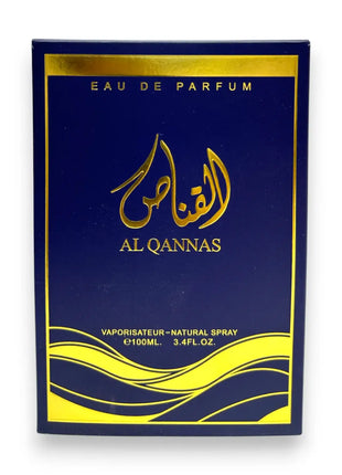 Al Qannas Blue Eau de Parfum 100ml packaging box with elegant design and gold accents.