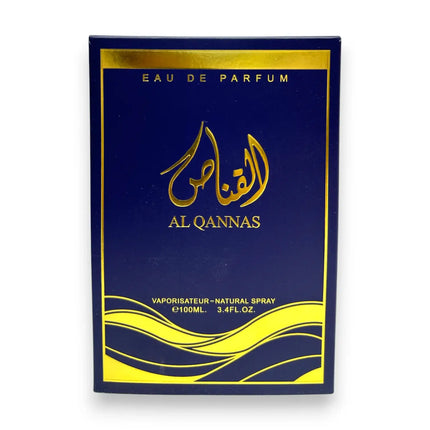 Al Qannas Blue Eau de Parfum 100ml packaging box with elegant design and gold accents.