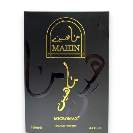 Mahin Micromax Eau De Parfum 100ml packaging box featuring elegant design and gold accents.