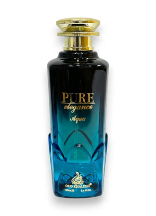 Pure Elegance Aqua Eau de Parfum 100ml bottle with a stylish blue design and elegant gold accents.