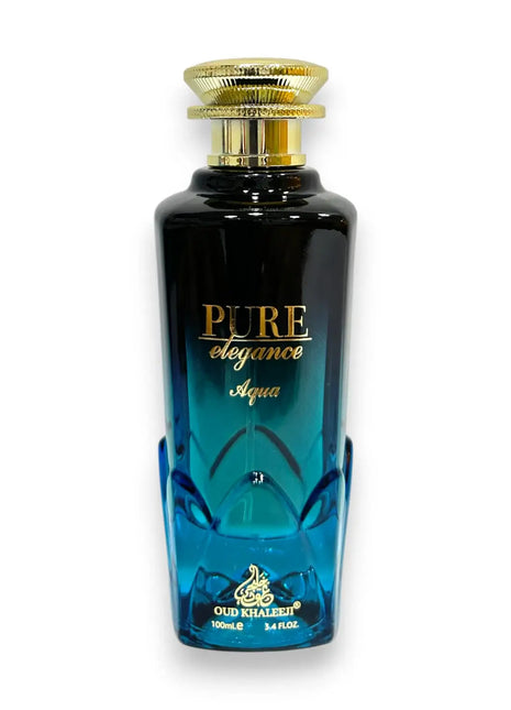 Pure Elegance Aqua Eau de Parfum 100ml bottle with a stylish blue design and elegant gold accents.