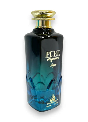 Pure Elegance Aqua Eau de Parfum 100ml bottle displayed with a gradient blue and black design.