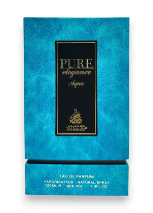 Pure Elegance Aqua Eau de Parfum 100ml packaging in a vibrant turquoise box with gold accents.