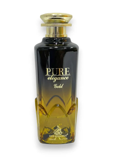 Pure Elegance Gold Eau de Parfum 100ml bottle showcasing its luxurious design and elegant branding.