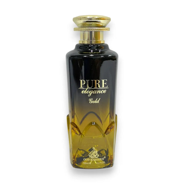 Pure Elegance Gold Eau de Parfum 100ml bottle showcasing its luxurious design and elegant branding.