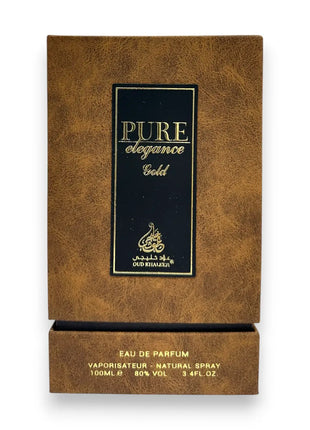 Pure Elegance Gold Eau de Parfum 100ml box packaging with elegant design and details.